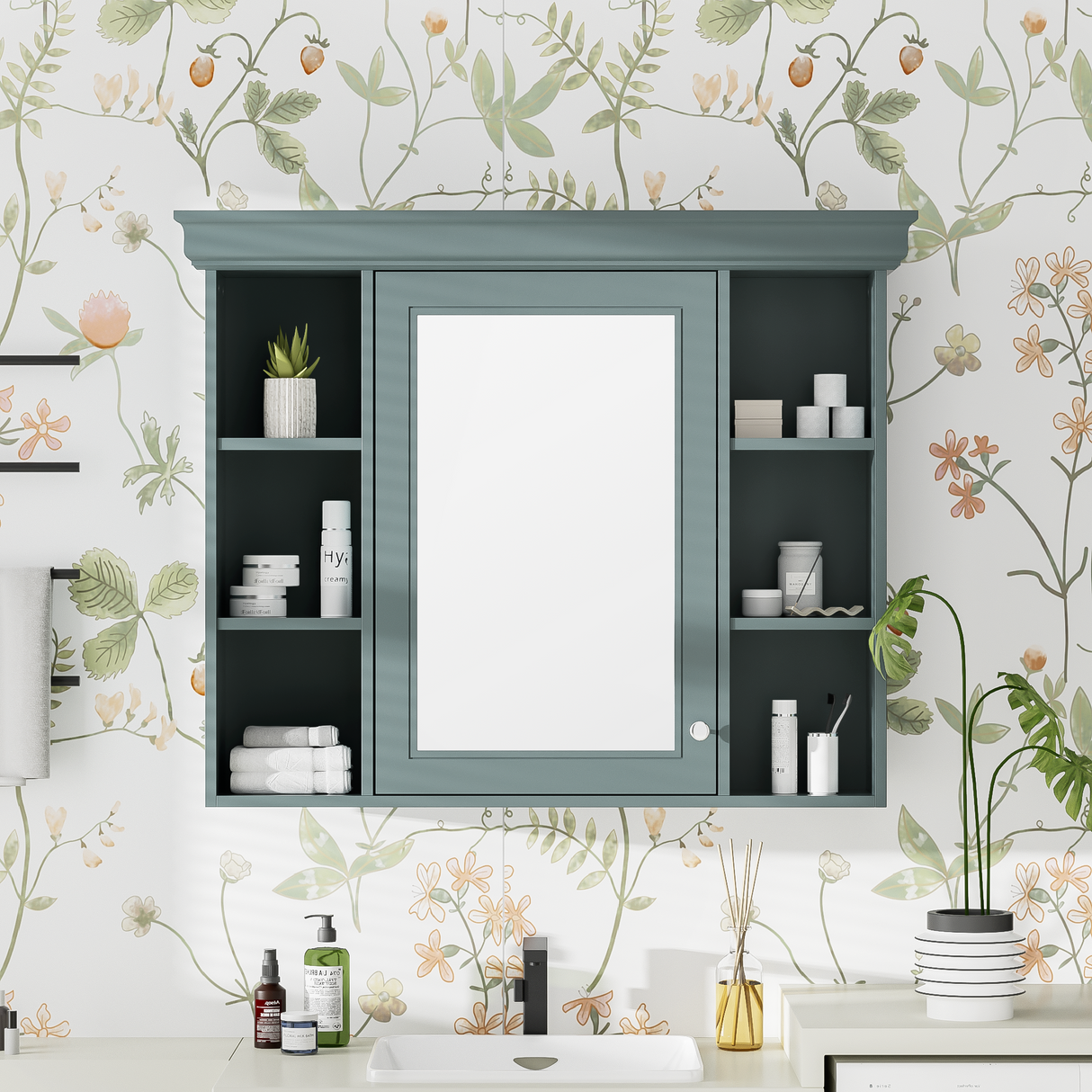 35 ''x 28' 'blue wall mounted bathroom storage cabinet with mirror door and medication cabinet with 6 open shelves - V.I.P Digital Presence