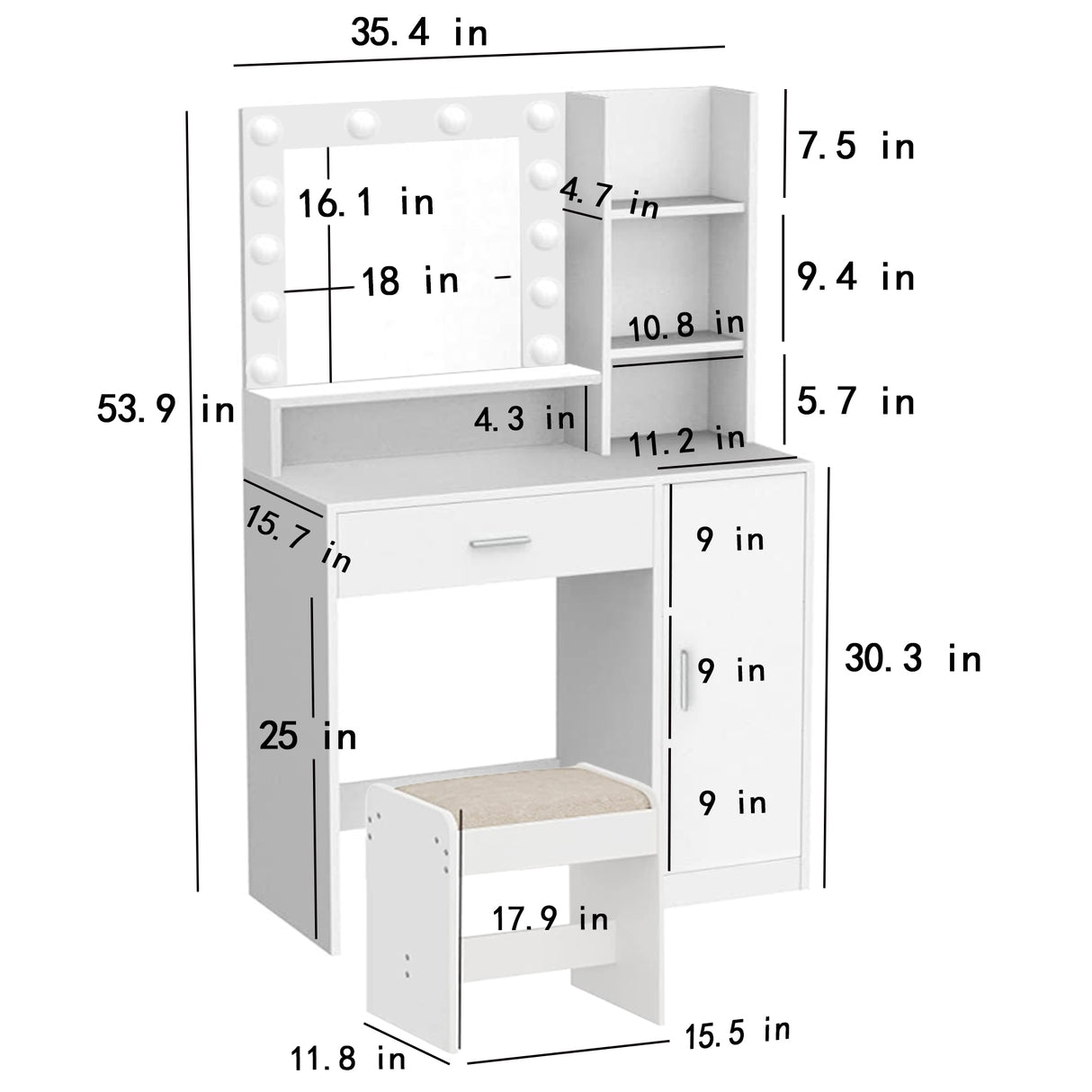 Large drawer with mirror and light, three-layer storage vanity, adjustable brightness for 3 lighting modes (white with stool) - V.I.P Digital Presence