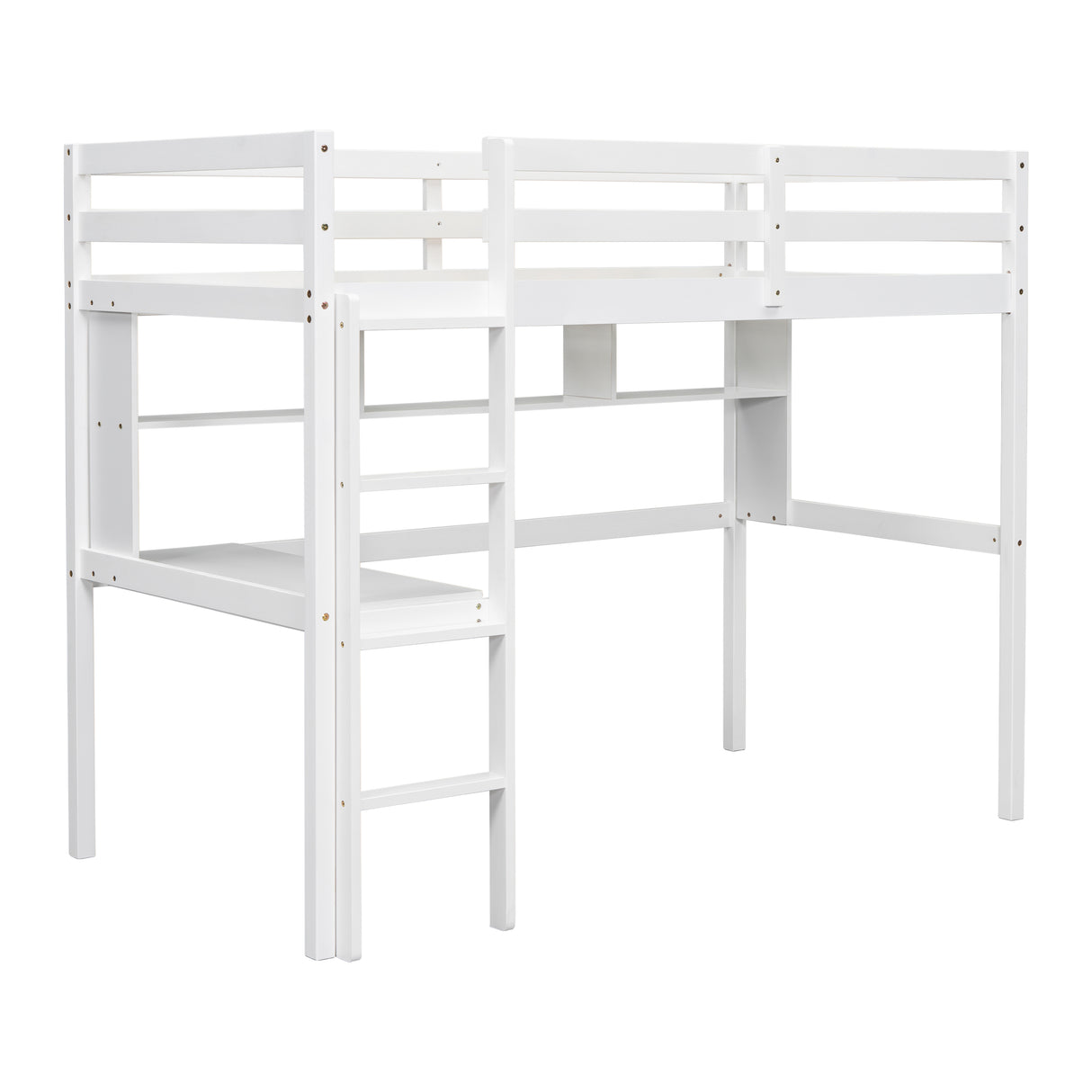 Twin Loft Bed with built-in desk and bookcase of three compartments, Guardrails and Ladder,White - V.I.P Digital Presence