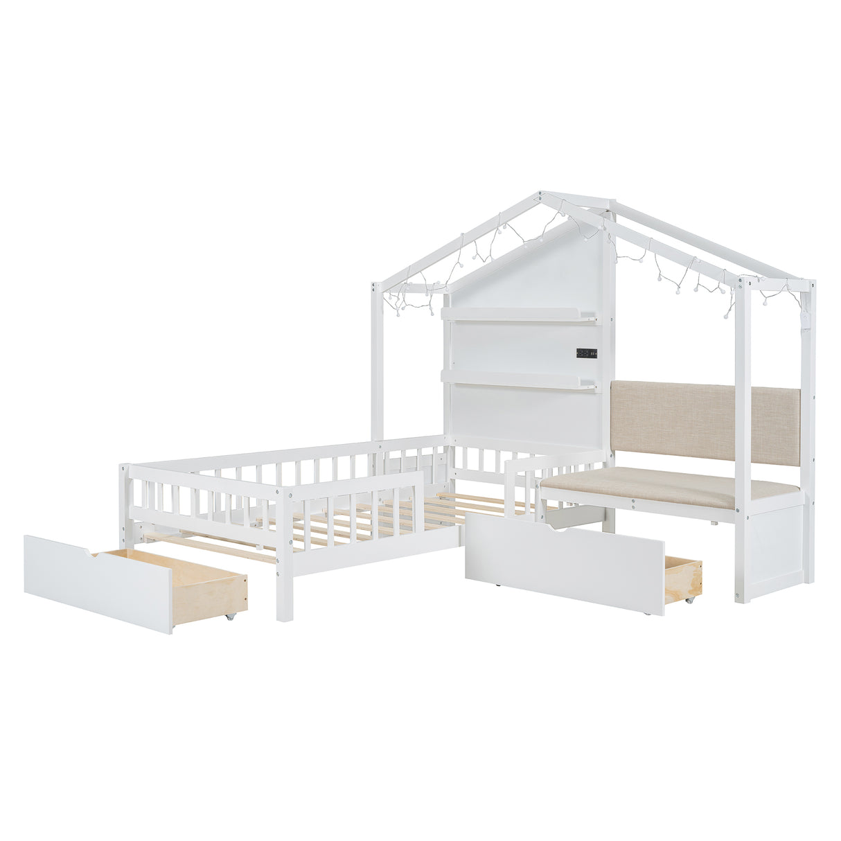 Twin Size House Bed with Upholstered Sofa, House Bed with Charging Station, Wireless Charging, Shelves and Two Drawers, White - V.I.P Digital Presence