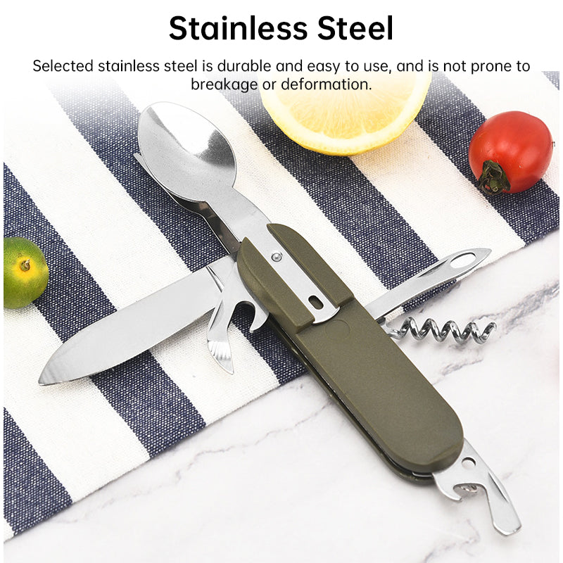 Vajilla plegable multifuncional 7 en 1 de acero inoxidable para acampar al aire libre: tenedor, cuchara y cuchillo. Herramientas de supervivencia para picnic y camping.