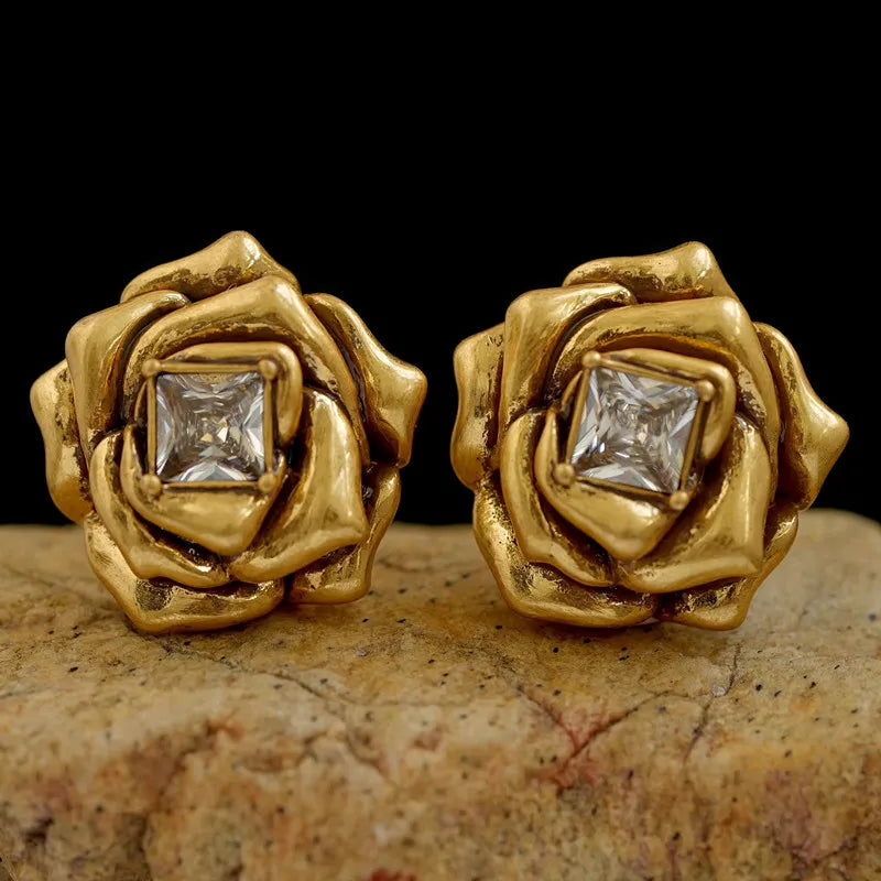 Brass Gold Color Metal Rose Flower Stud Earrings Geometry Zircon Shiny for Women Girls Jewelry Gifts Europe and America - V.I.P Digital Presence