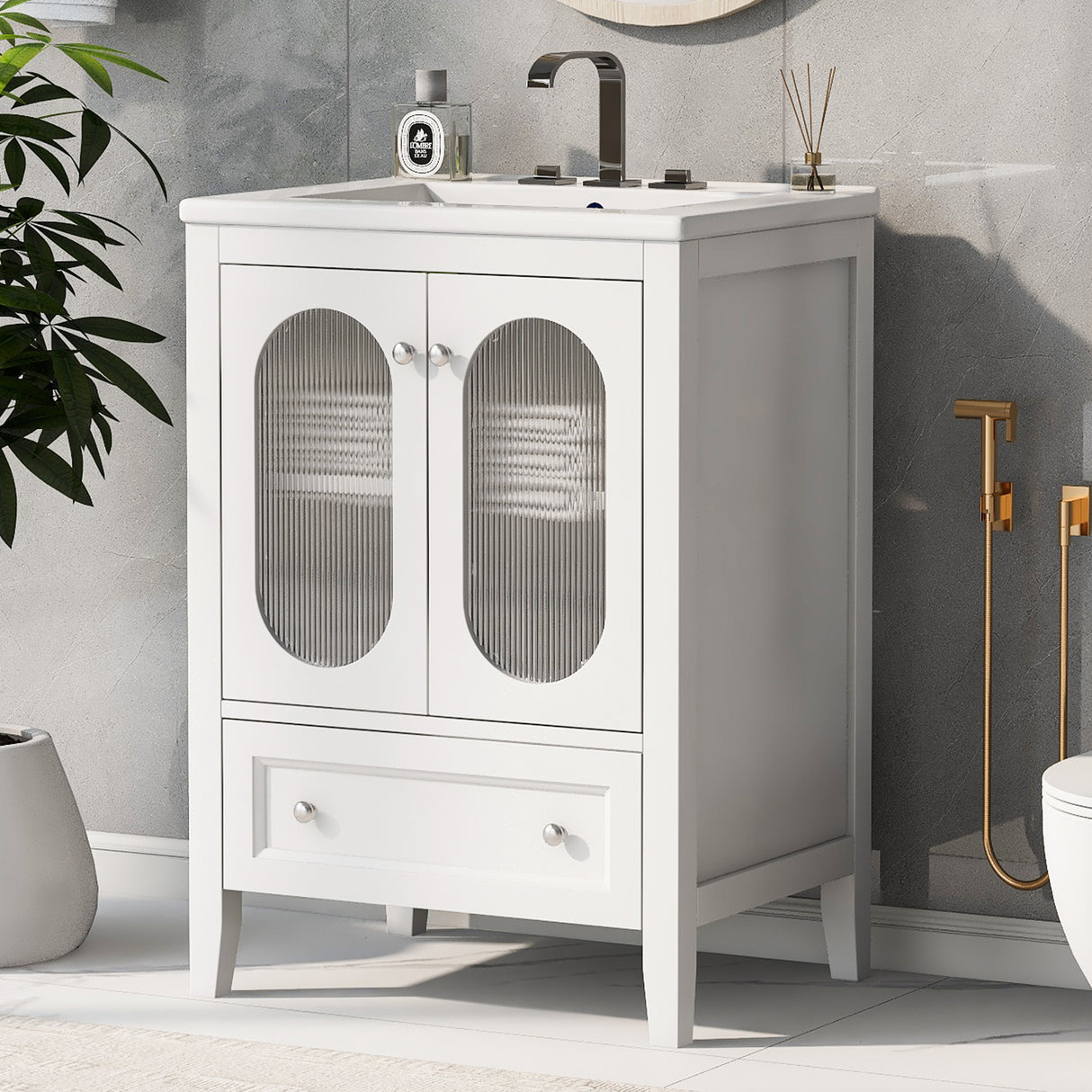 24" Bathroom Vanity with Sink, Bathroom Vanity Cabinet with One Drawer and Doors, Adjustable Shelf, Solid Wood and MDF, White - V.I.P Digital Presence