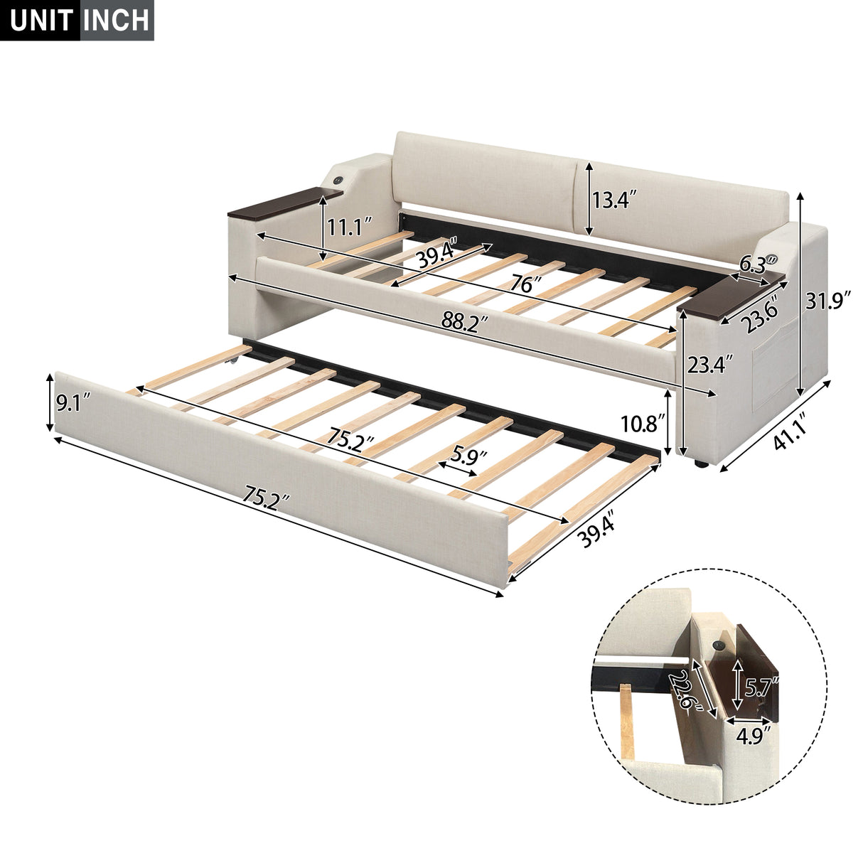 Twin Size Upholstery Daybed with Storage Arms Trundle and USB Design Beige