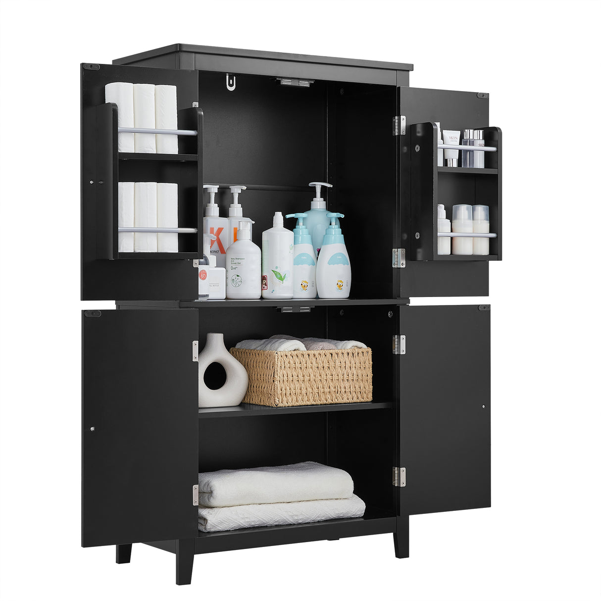 Bathroom floor storage cabinet, bathroom storage cabinet, 4-door independent cabinet, adjustable shelf, adaptive shelf, black - V.I.P Digital Presence