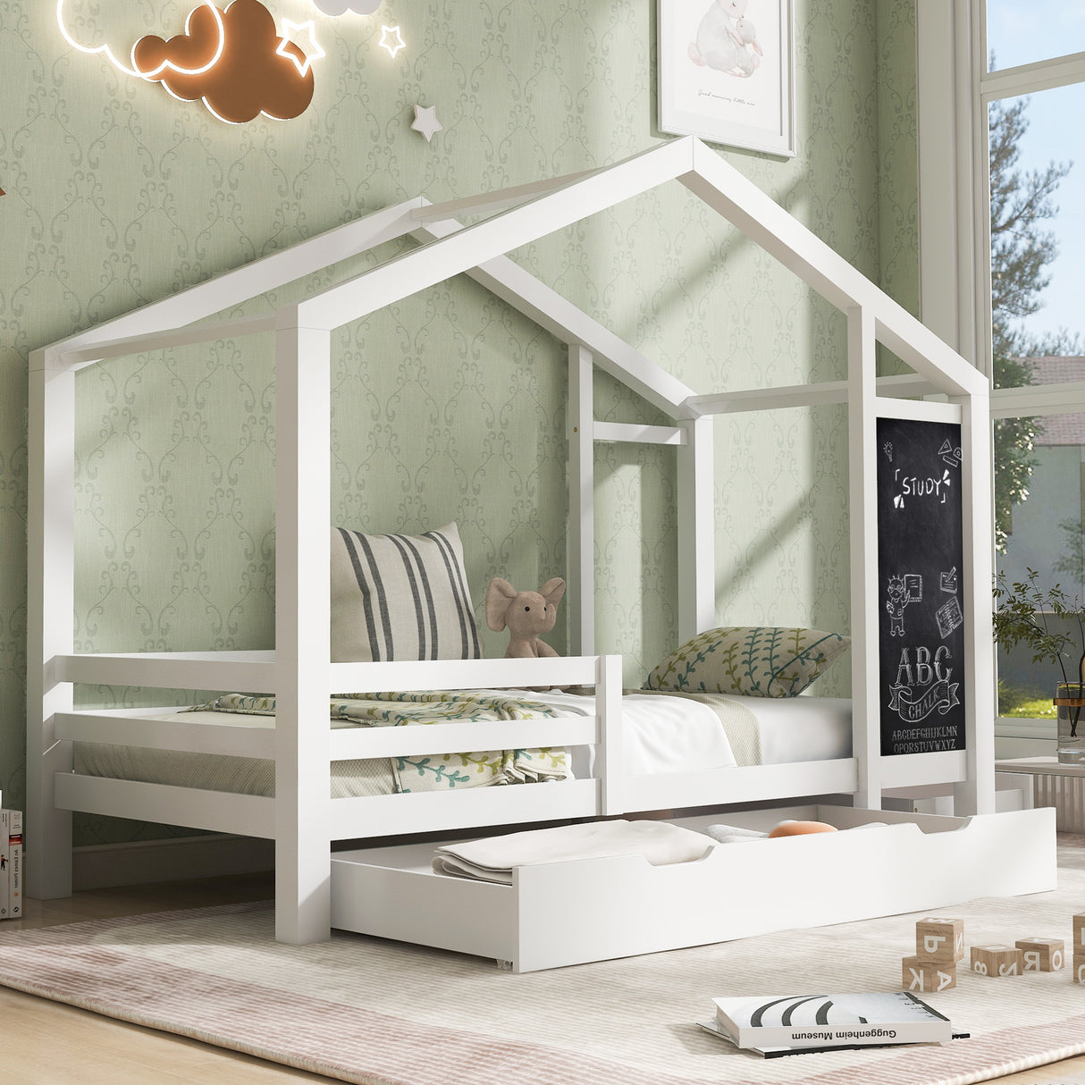Full House Bed with Blackboard and Drawers Two assembly options White - V.I.P Digital Presence
