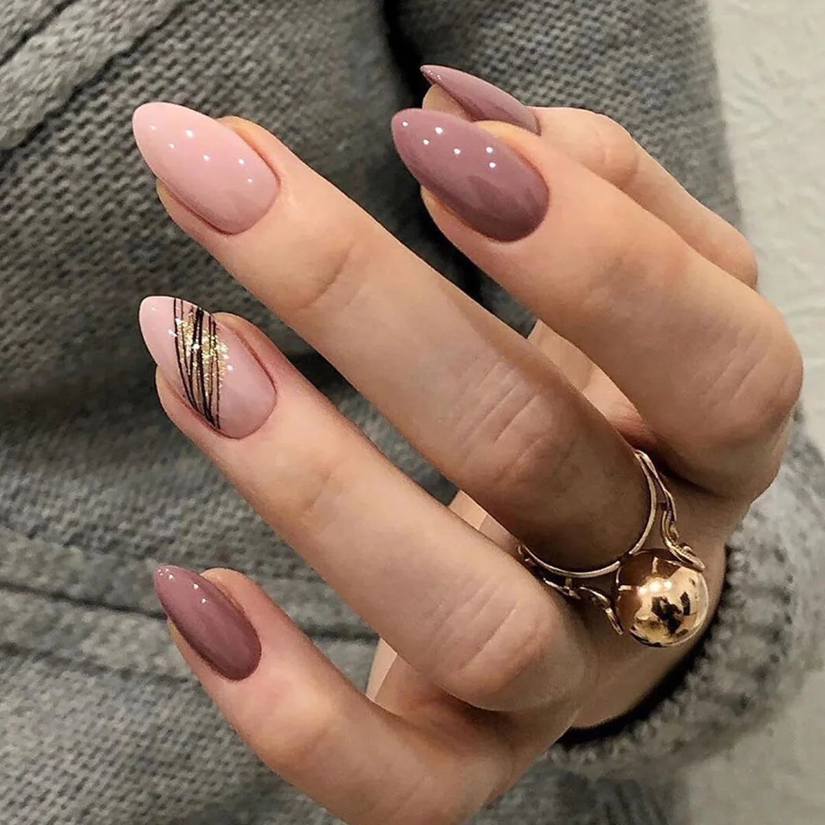 Almond Slant Gold Line Lotus Pink Fake Nails Artificial Professional Material art False Nail Supplies For Professionals - V.I.P Digital Presence