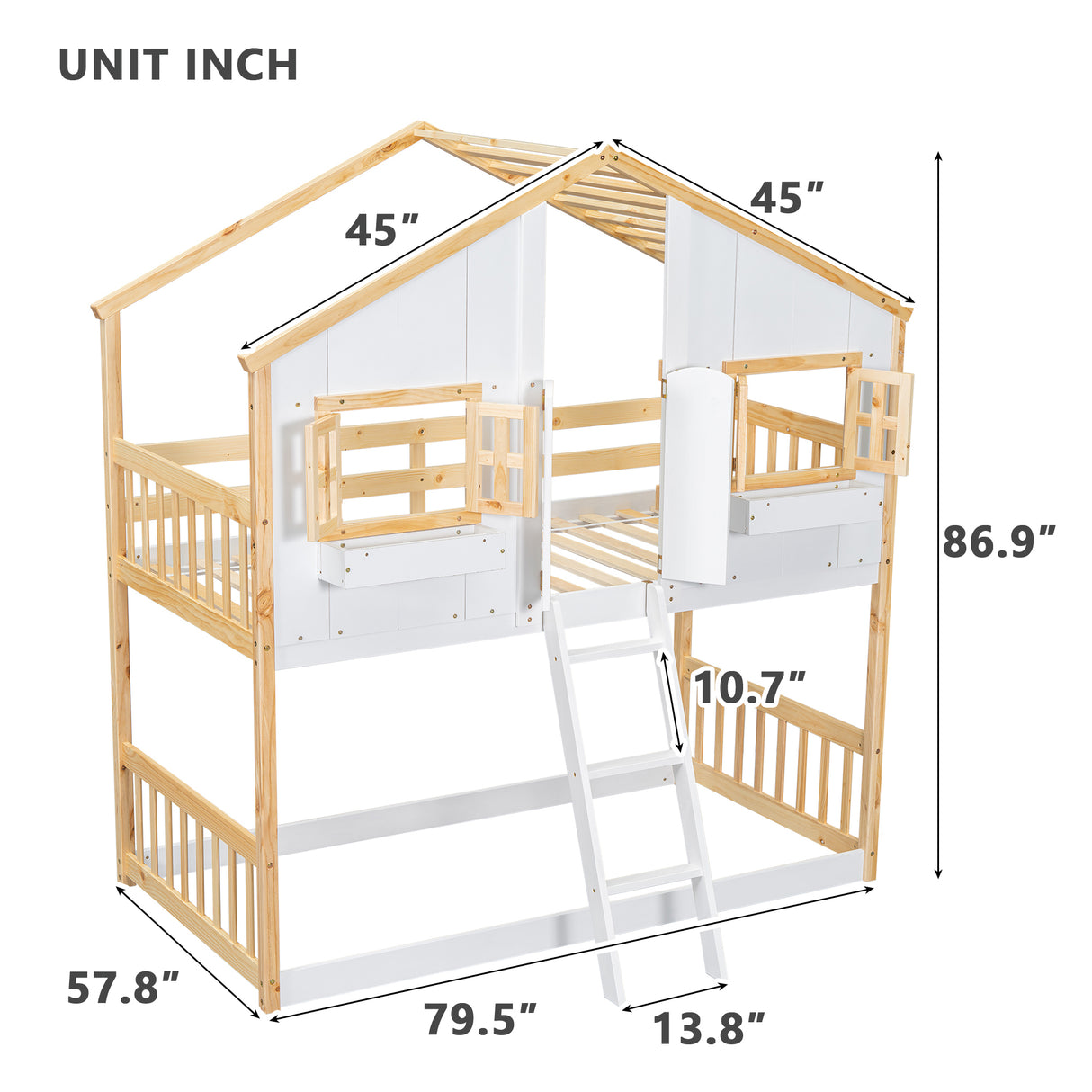 Twin over Twin House Bunk Bed with Roof , Window, Window Box, Door , with Safety Guardrails and Ladder, Natural/White - V.I.P Digital Presence