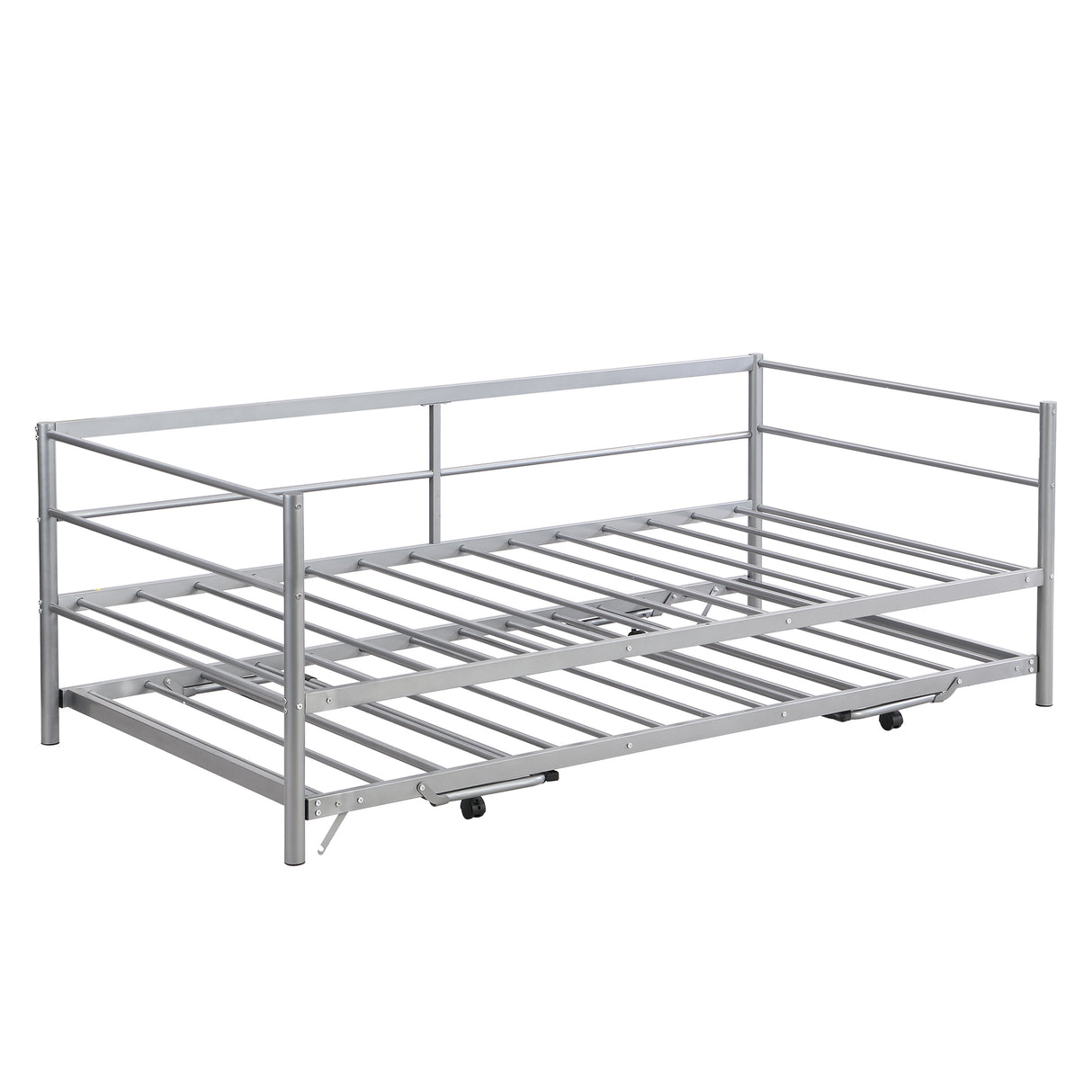 Twin Size Metal Daybed with Adjustable Trundle Pop Up Trundle Silver