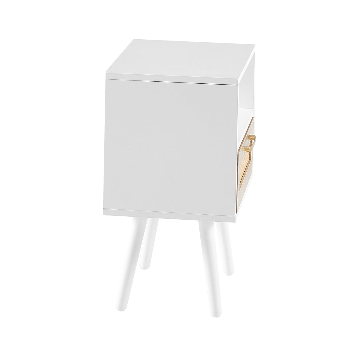 15.75" Rattan End table with drawer and solid wood legs Modern nightstand side table for living room white - V.I.P Digital Presence