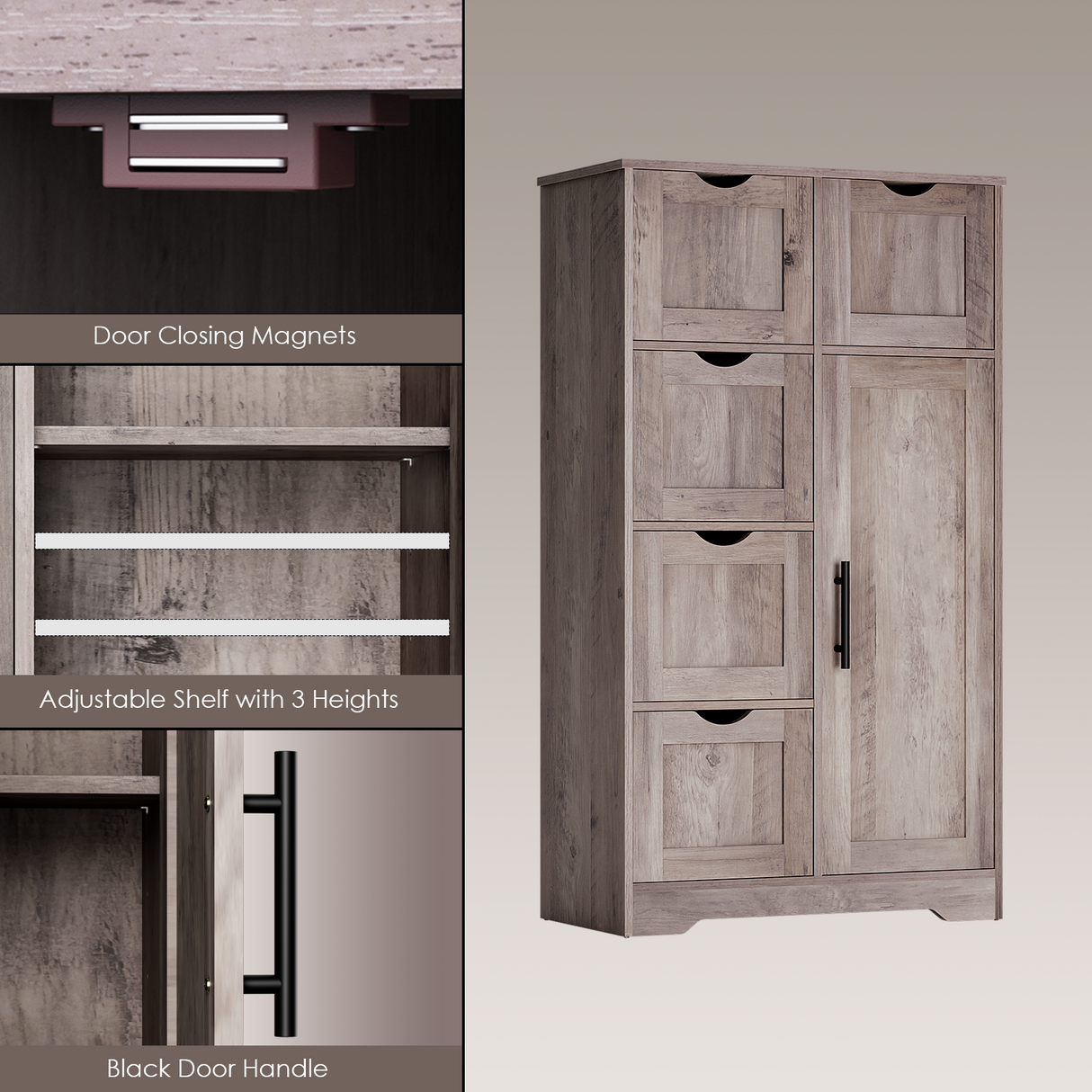Bathroom Storage Cabinet with Storage 5 Drawers and 1 Door, Entryway Cabinet with Adjustable Shelf Grey - V.I.P Digital Presence