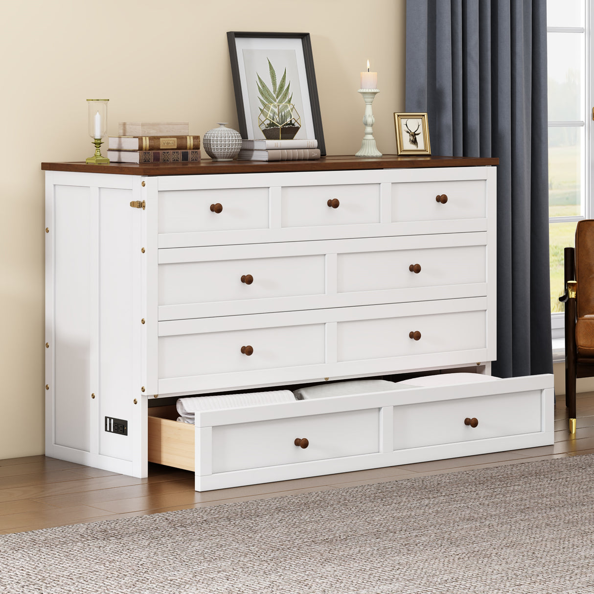 Solid Pine Murphy Bed Chest with Charging Station and Large Storage Drawer for Home Office or Small Room , Queen, White+Walnut - V.I.P Digital Presence