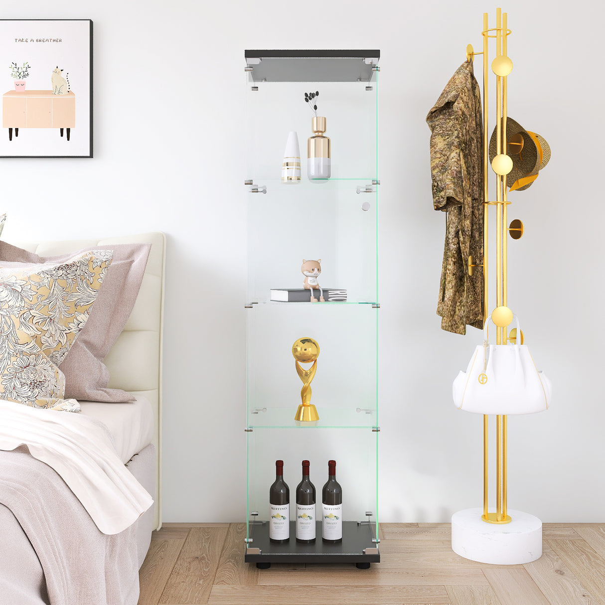 4 glass display cabinets with door shelves, floor standing antique bookshelf, 64.7 "* 16.7" * 14.3 ", black - V.I.P Digital Presence