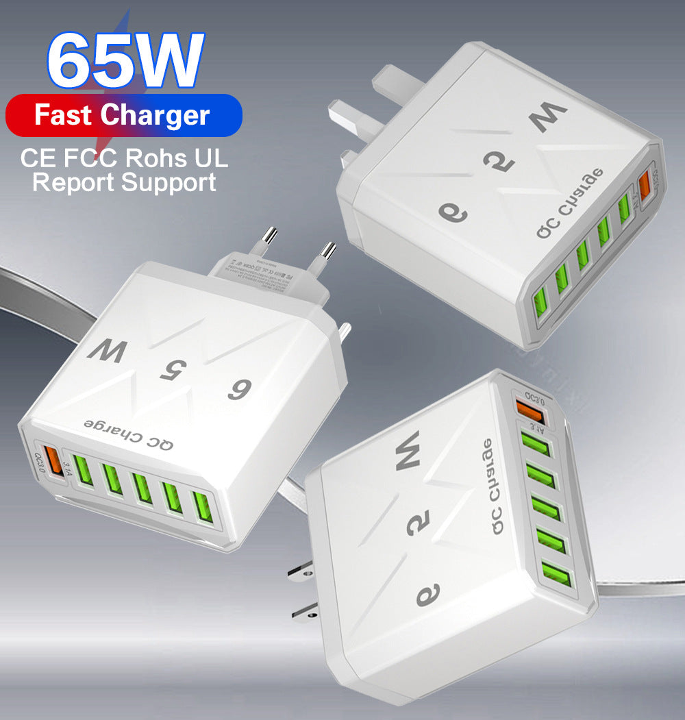 Cargador de teléfono móvil estándar coreano de carga rápida de 65 W, cargador de viaje con cabezal de carga rápida multipuerto de 6 USB