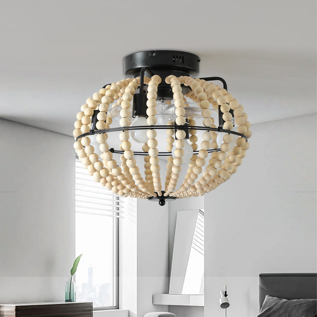 Beaded Fan lamp Wood Beaded Chandelier Oak White - V.I.P Digital Presence