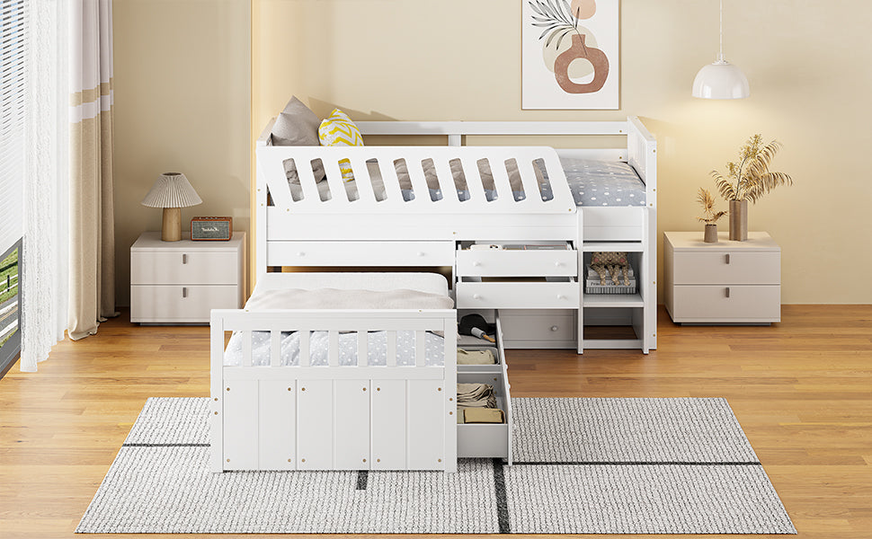 L-shaped Space-Saving Twin Loft and Twin Platform Bed with 7 Drawers and Full Guardrails(WHITE) - V.I.P Digital Presence