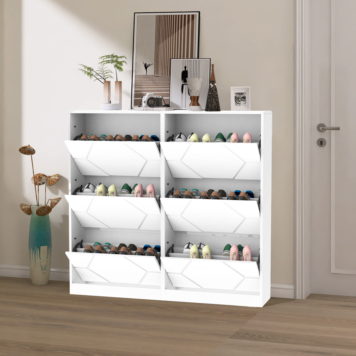 Shoe Storage Cabinet for Entryway, 6 Tiers Shoe Organizer with Carved Panels Vertical Shoe Cabinet for Front Door Entrance - V.I.P Digital Presence