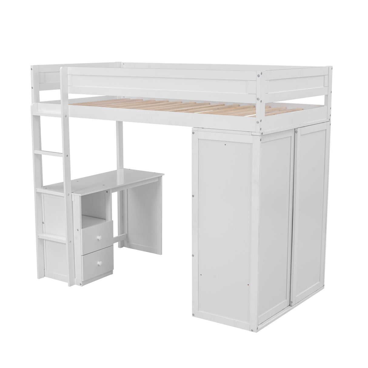 Wood Twin Size Loft Bed with Wardrobes and 2-Drawer Desk with Cabinet White