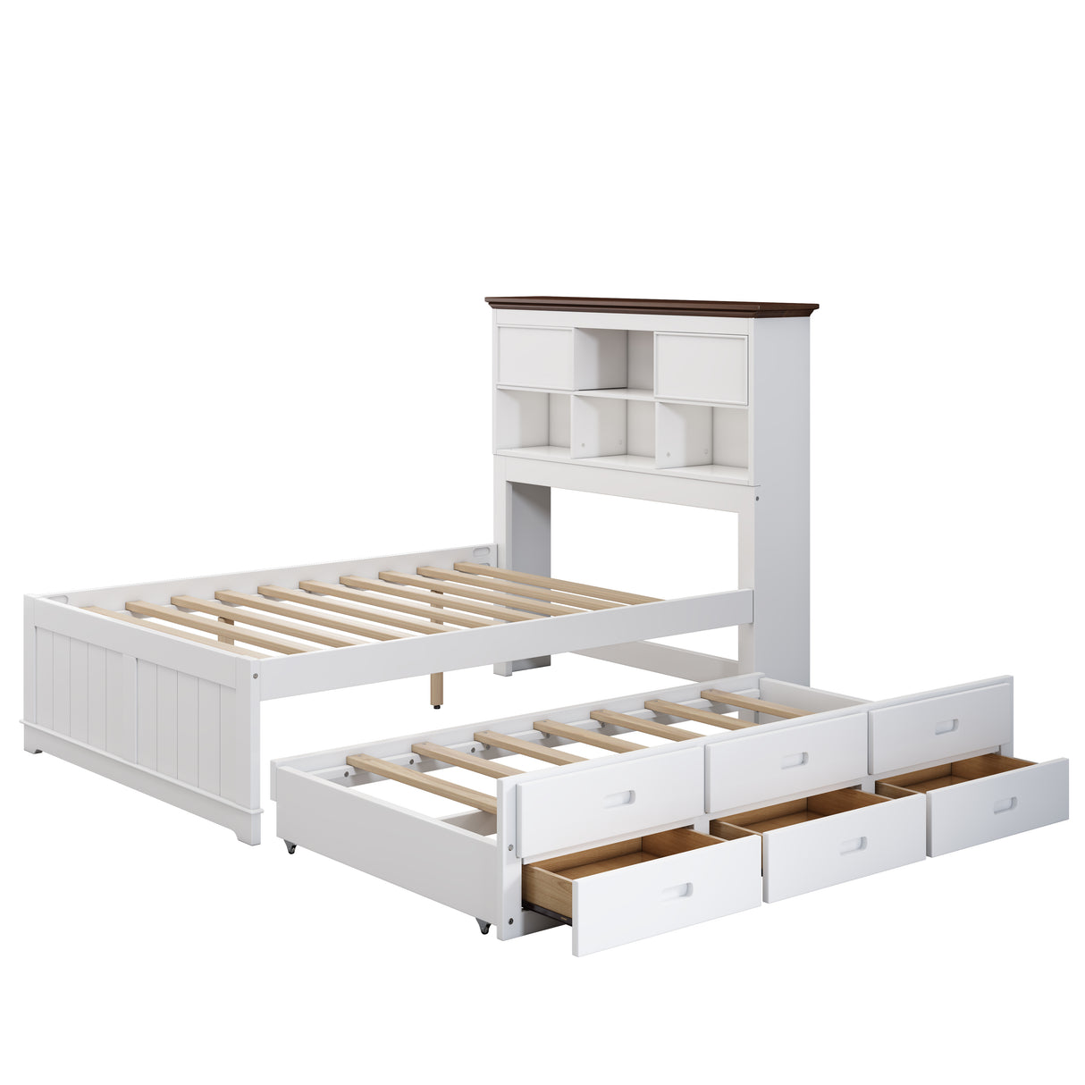 Solid Pine Captain Bookcase Bed with Trundle Bed and 3 Spacious Under Bed Drawers in Casual,Full, White+Walnut - V.I.P Digital Presence