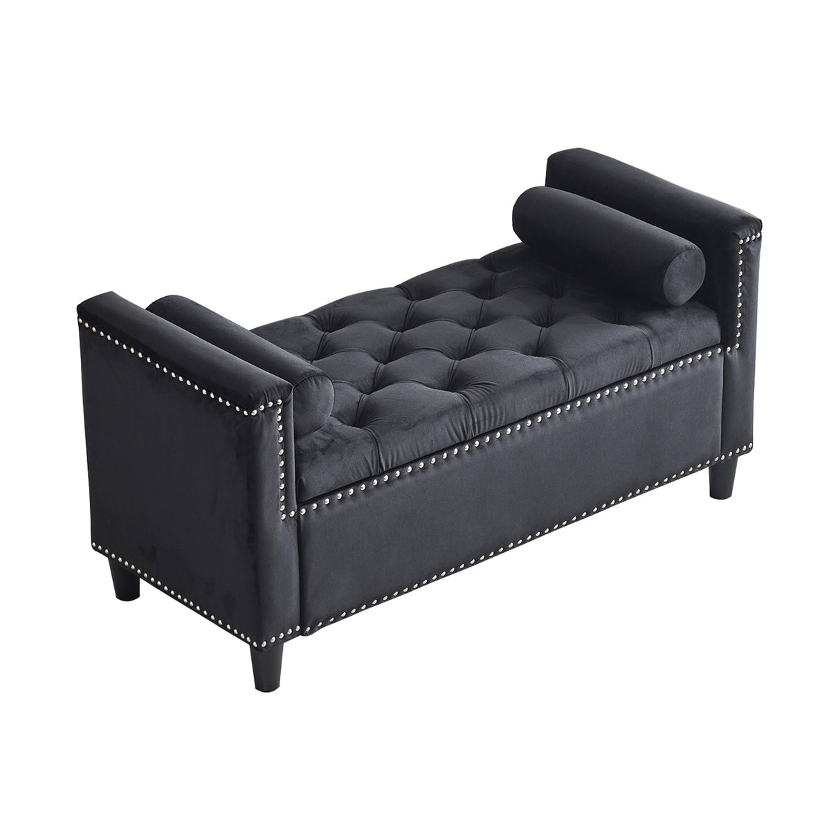 Storage Bench, 44.5-Inch Queen Velvet Button Bedside Bench, Entryway Living Room with Armrests, Nailhead Trim Black - V.I.P Digital Presence