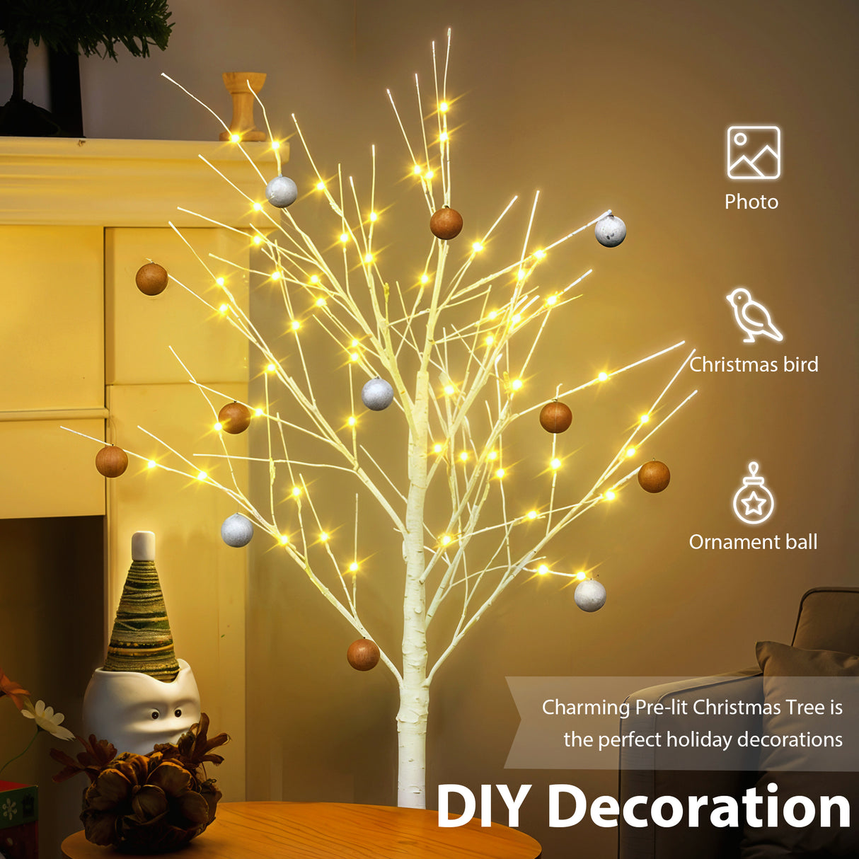 Artificial birch tree with light, 4FT 48 LED/5FT 72 LED/6FT 96 LED, with warm white light, indoor and outdoor decoration - V.I.P Digital Presence