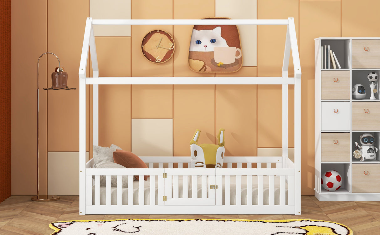 Twin Size Wood House Bed with Fence and Door, White - V.I.P Digital Presence
