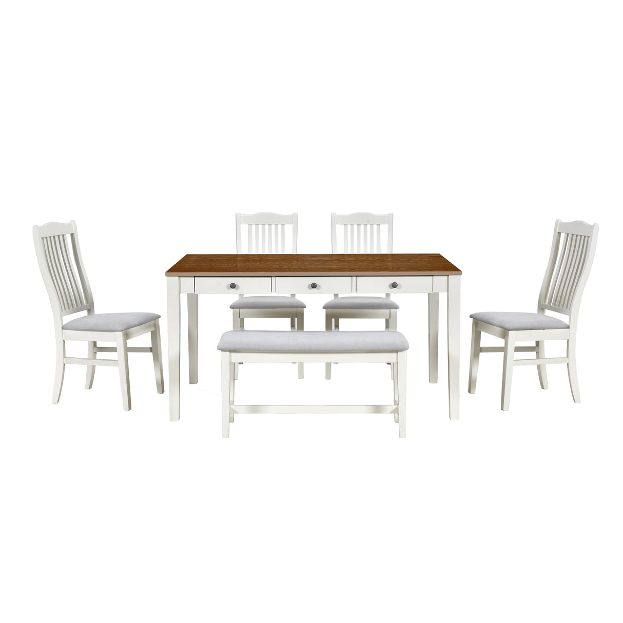 TOPMAX Mid-Century 6-Piece Wood Dining Table Set, Kitchen Table Set with Drawer Upholstered Chairs and Bench Butter Milk