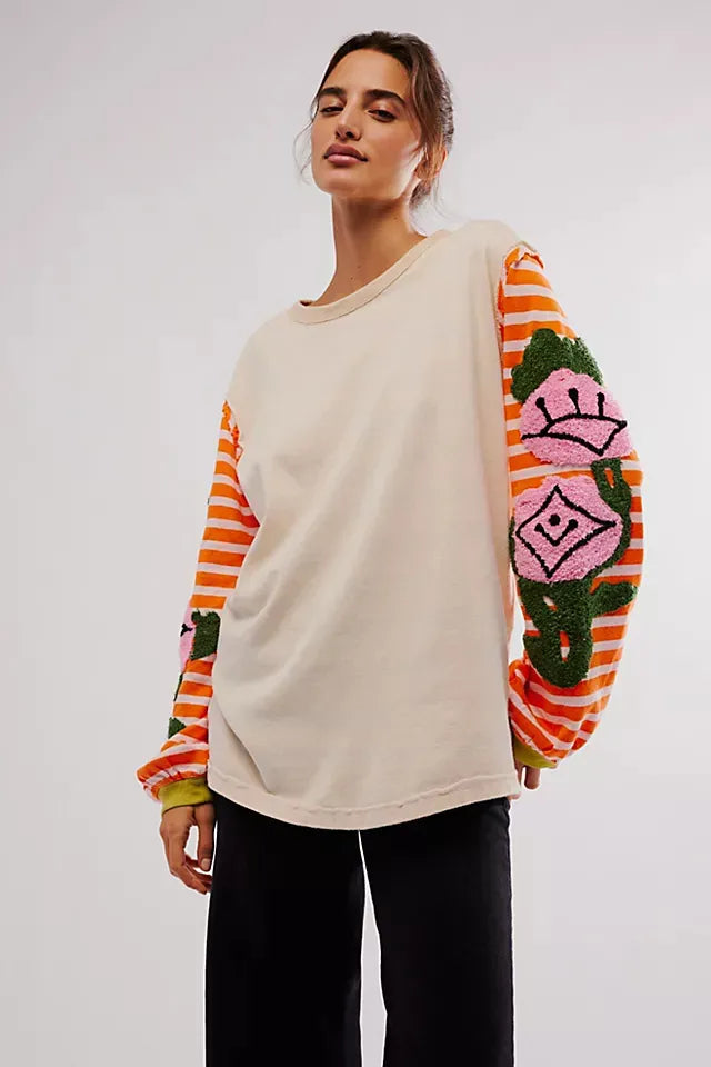 Striped Round Neck Long Sleeve Sweatshirt - V.I.P Digital Presence