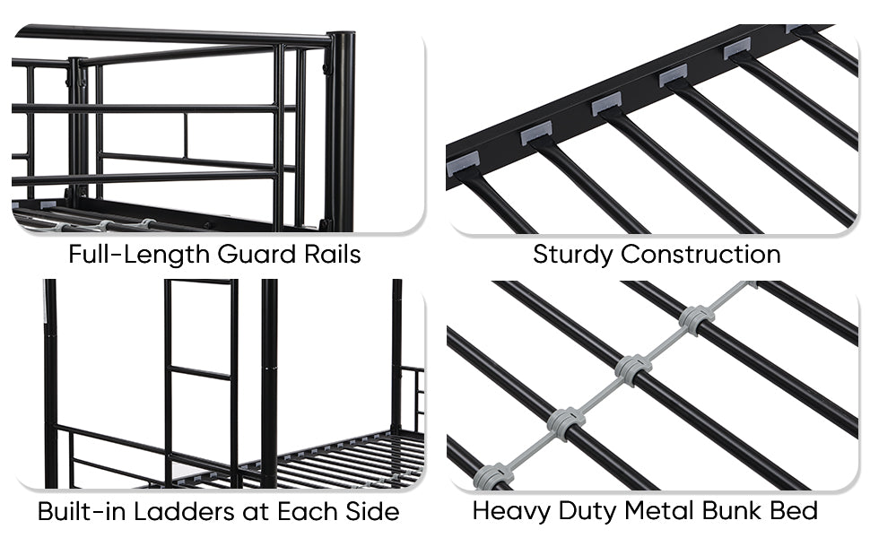 Double decker bed, size above twin bed, with 2 ladders and full-length guardrail, metal, storage space, black - V.I.P Digital Presence