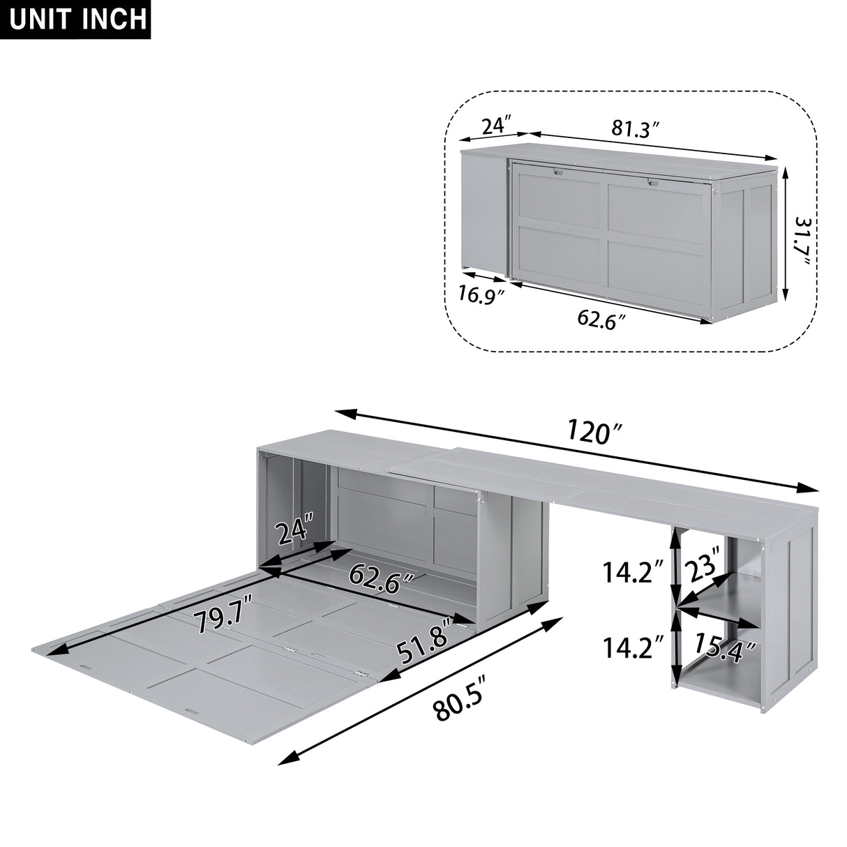 Queen Size Murphy Bed with Rotable Desk Gray