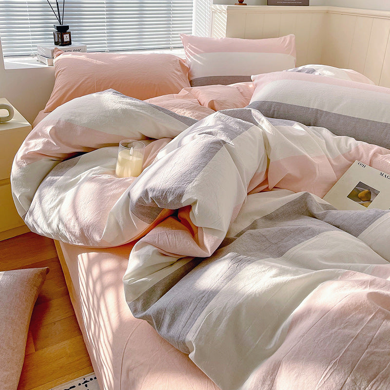 Juego de ropa de cama de algodón lavado teñido de algodón puro de clase A, sábana plana, funda de edredón, sábana ajustable, funda de edredón, juego de tres piezas a rayas