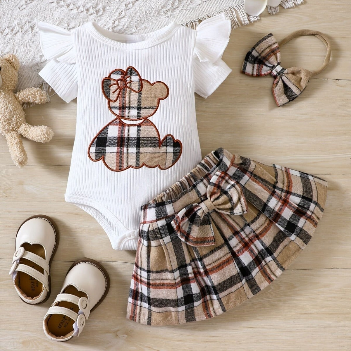 Newborn baby girl summer style teddy bear sticker embroidery bag fart triangle Ha clothes plaid butterfly - V.I.P Digital Presence