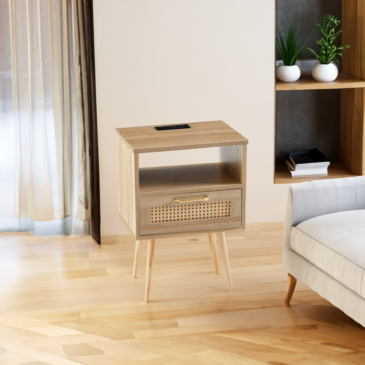 15.75" Rattan End table with Power Outlet & USB Ports Modern nightstand with drawer and solid wood legs - V.I.P Digital Presence