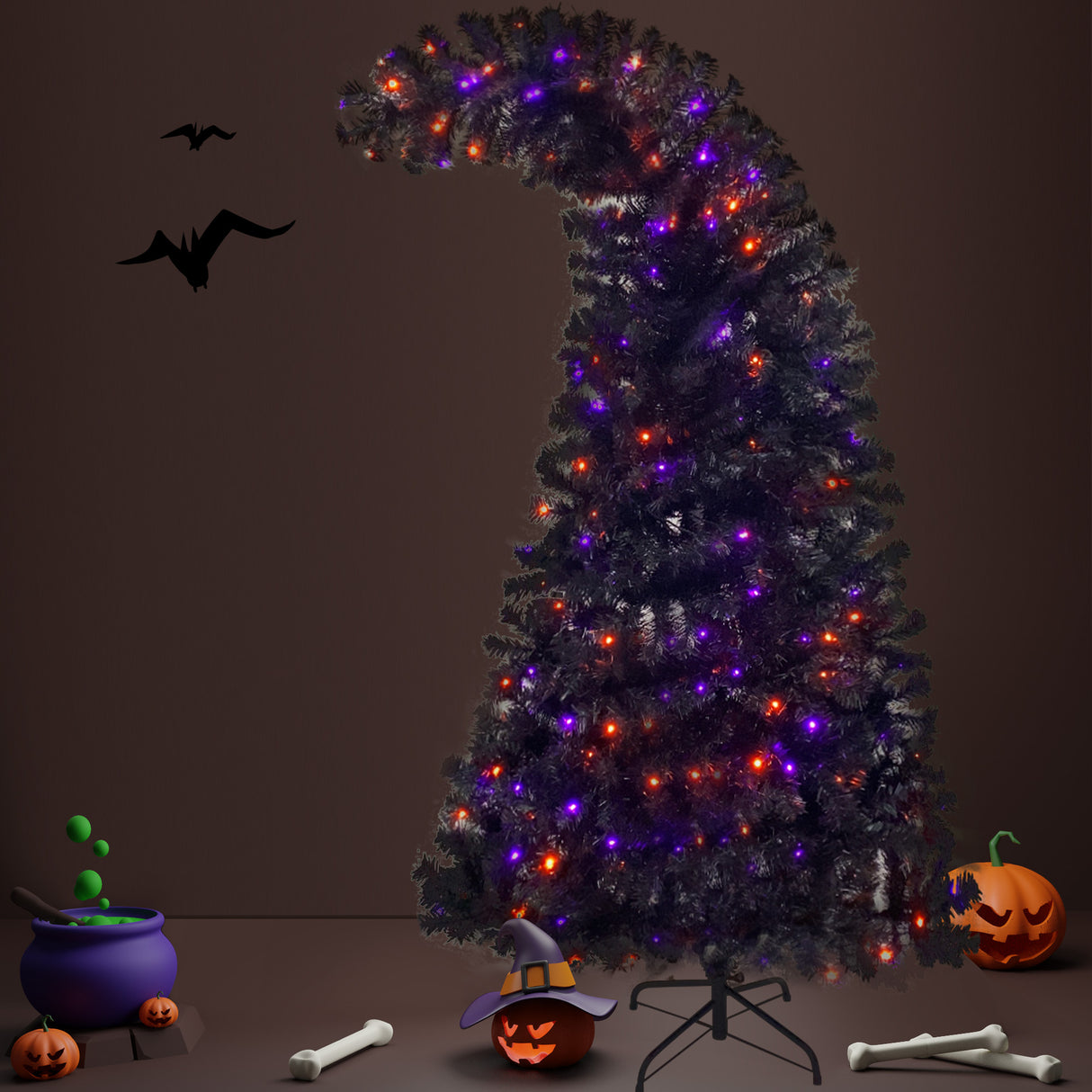 6FT artificial fir curved top Halloween tree, with 1080 lush branch tips and 300 LED lights in a Christmas and Halloween style - V.I.P Digital Presence