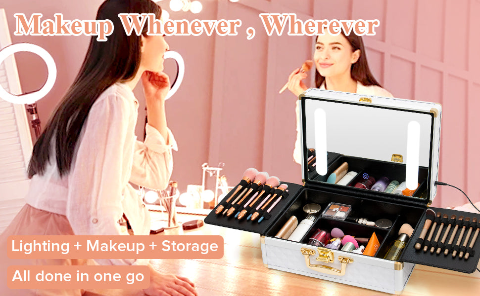 Portable makeup case, travel makeup bag with LED mirror, locked makeup storage box, brush holder, divider, rechargeable, white - V.I.P Digital Presence