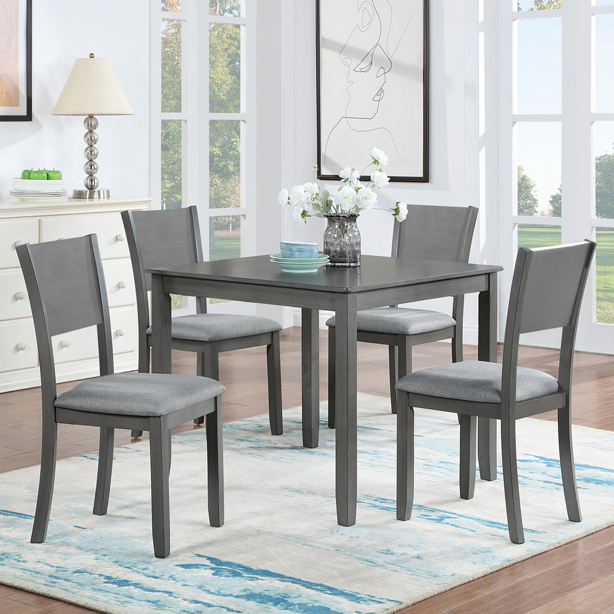 5 Piece Modern Dining Set, Square Wooden Dining Table with 4 Upholstered Chairs for Kitchen, Dining Room, Gray - V.I.P Digital Presence