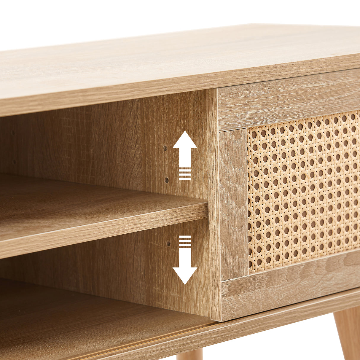 55.12" Rattan TV cabinet double sliding doors for storage adjustable shelf solid wood legs TV console for living room natural - V.I.P Digital Presence