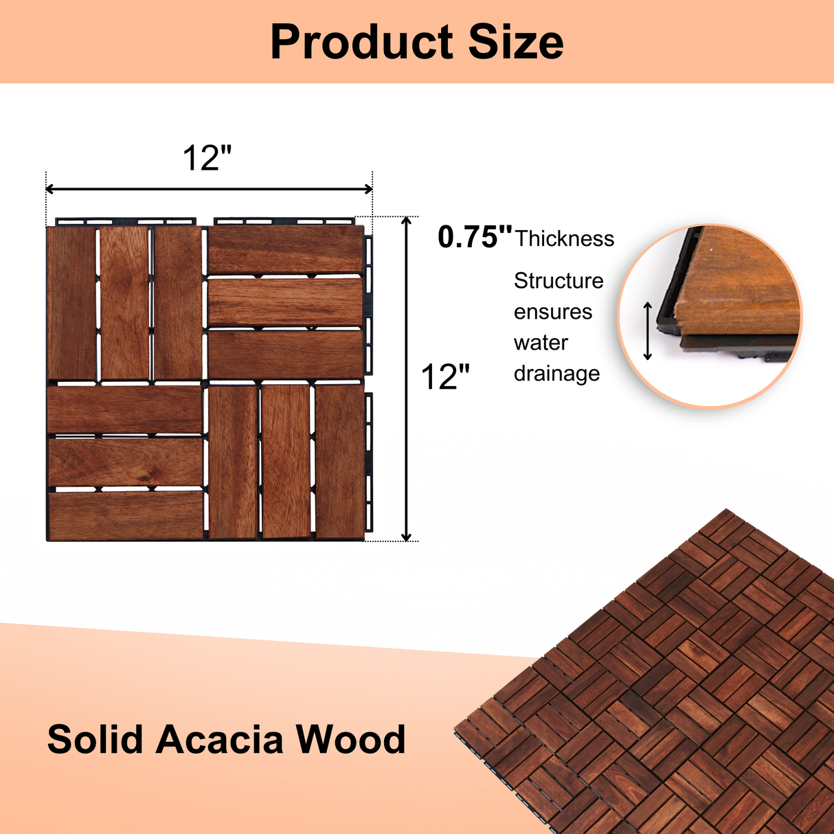 Acacia interlocking deck tile grid pattern, 10 pieces of 12 inch x 12 inch square brown Acacia hardwood outdoor flooring - V.I.P Digital Presence