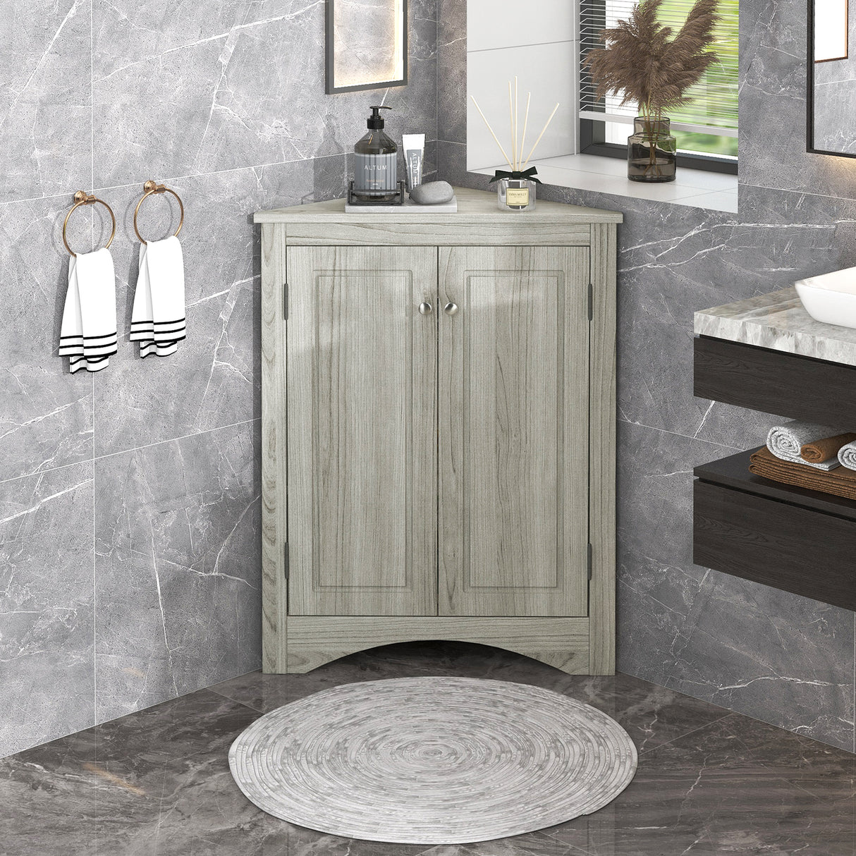 Oak Triangle Bathroom Storage Cabinet with Adjustable Shelves, Freestanding Floor Cabinet for Home Kitchen - V.I.P Digital Presence