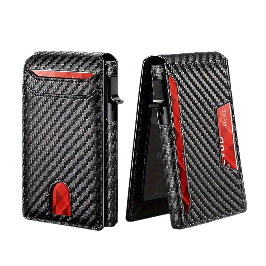 Carbon fiber patterned men's wallet wallet two fold flip card box anti-theft brush wallet magnetic suction side push card bag - V.I.P Digital Presence