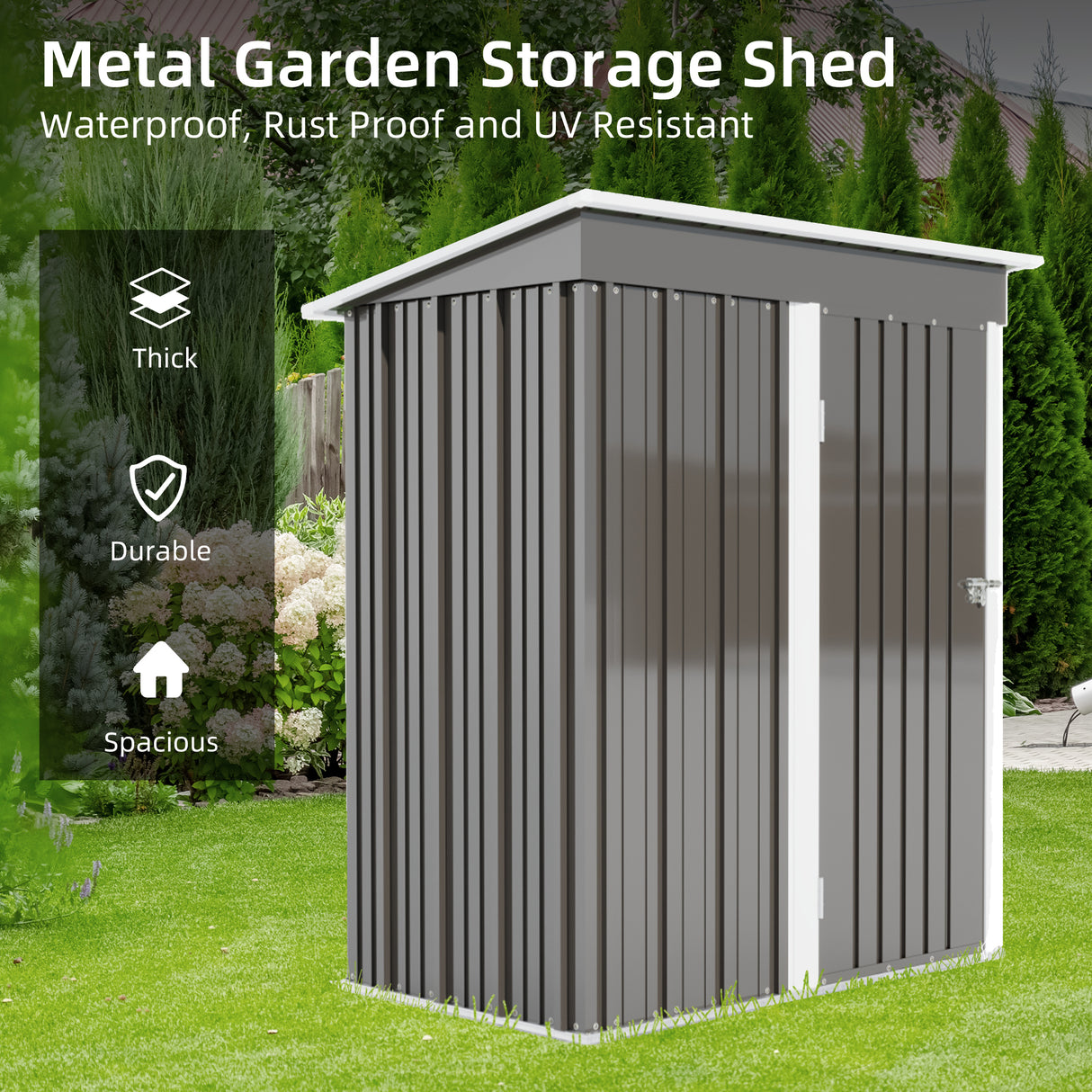 5 * 3FT outdoor storage shed, tool shed with sloping roof and lockable door, backyard garden metal shed, courtyard lawn, gray - V.I.P Digital Presence