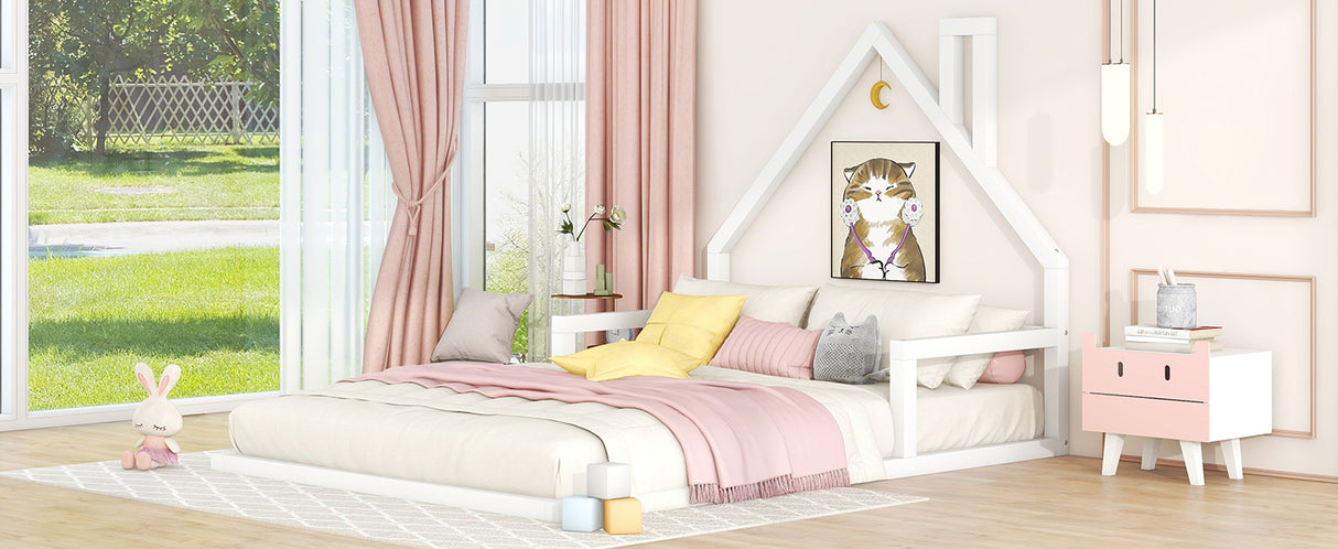 Full Size Wood Floor Bed with House-shaped Headboard White