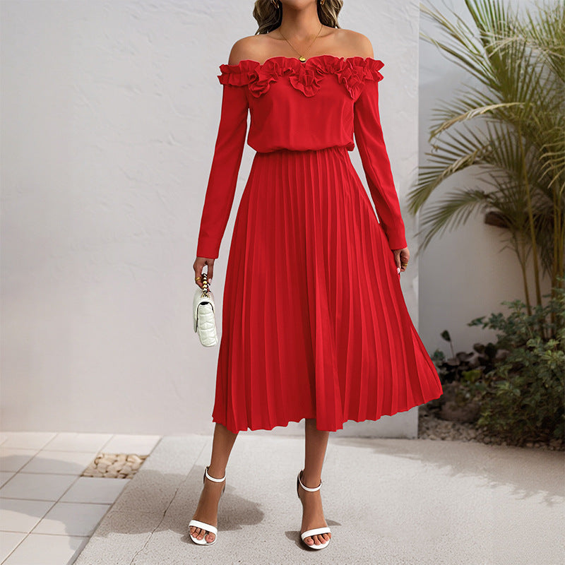 One-Shoulder Long Sleeve Solid Color Women's Dress - V.I.P Digital Presence