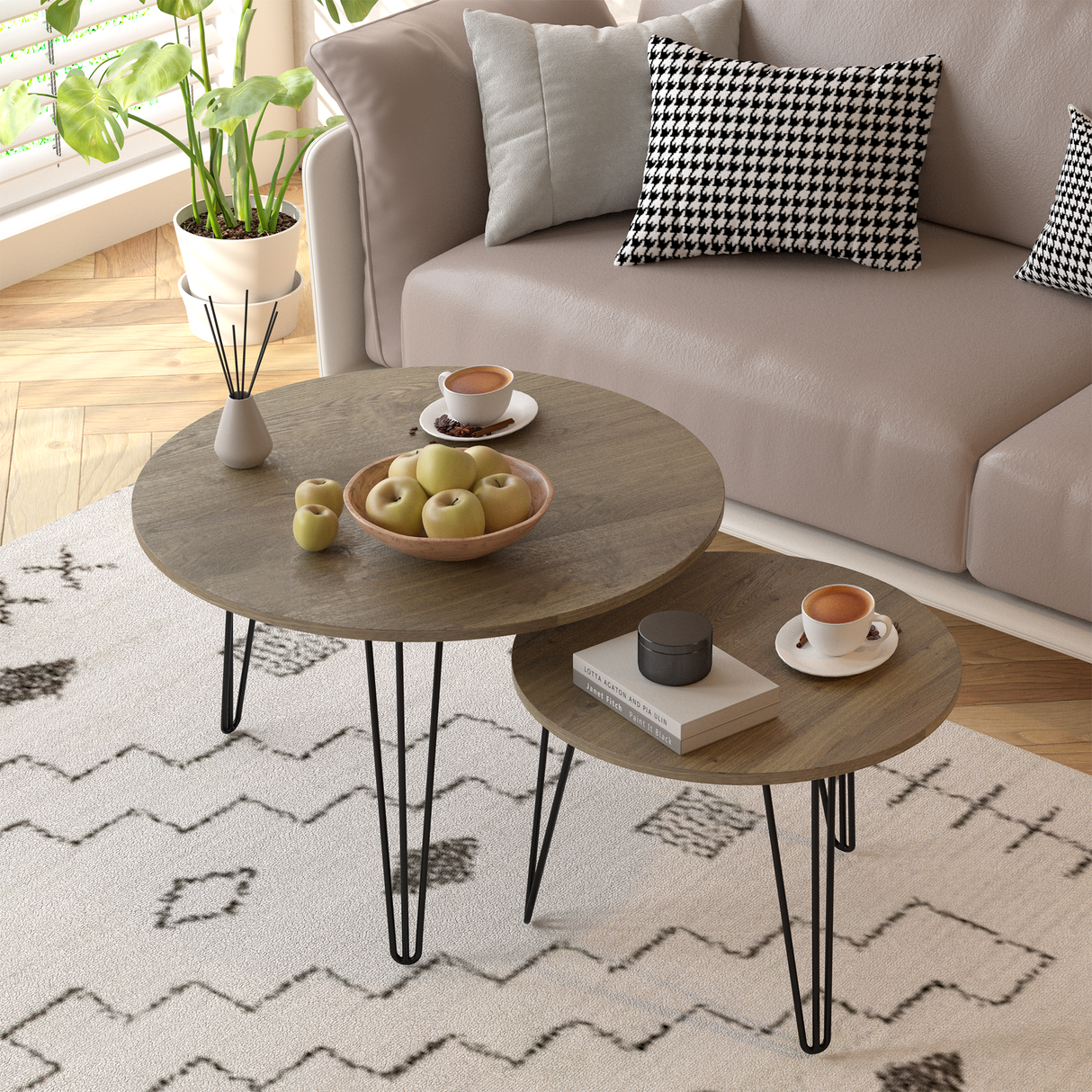 27.56'' Round Nesting Coffee Table Set of 2, Circular Nesting End Table Set Sturdy Metal Base for Living Room, bedroom, Brown - V.I.P Digital Presence