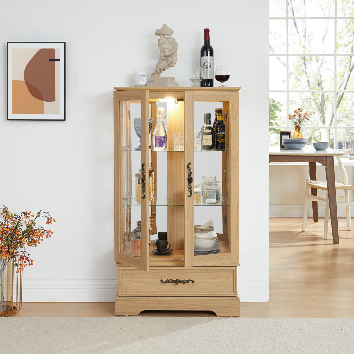 Light colored glass cabinet with adjustable glass frame, including cabinet light bulbs OAK with 2 doors and 1 drawer - V.I.P Digital Presence