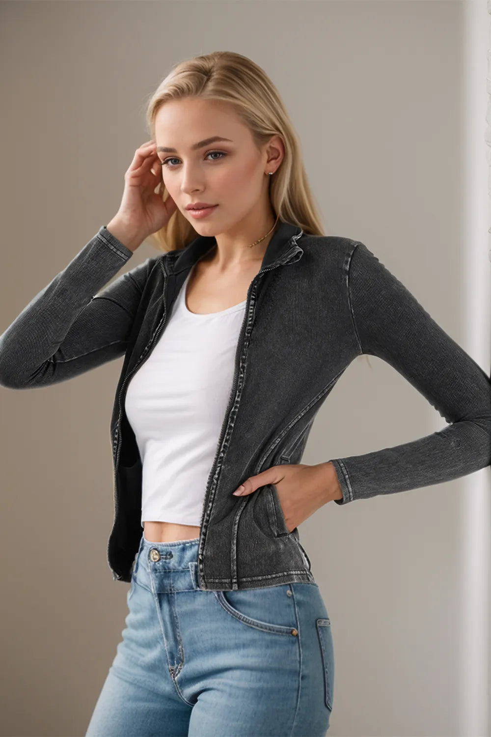 Pocketed Turtleneck Zip Up Denim Top - V.I.P Digital Presence