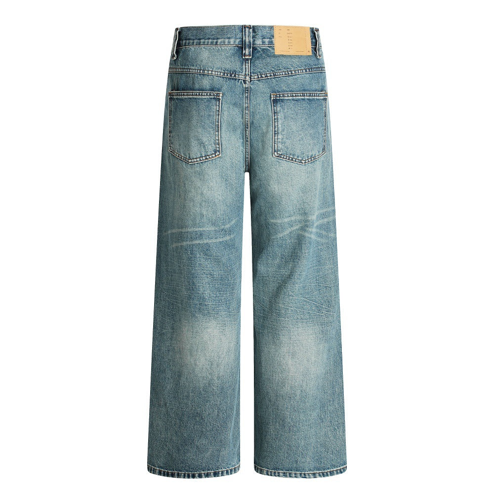 Hole-Washed Denim Long Pants Men's Loose Faded Whitewashed Wide-Leg Straight Trousers European and American Street Fashion Versatile Dad Pants - V.I.P Digital Presence