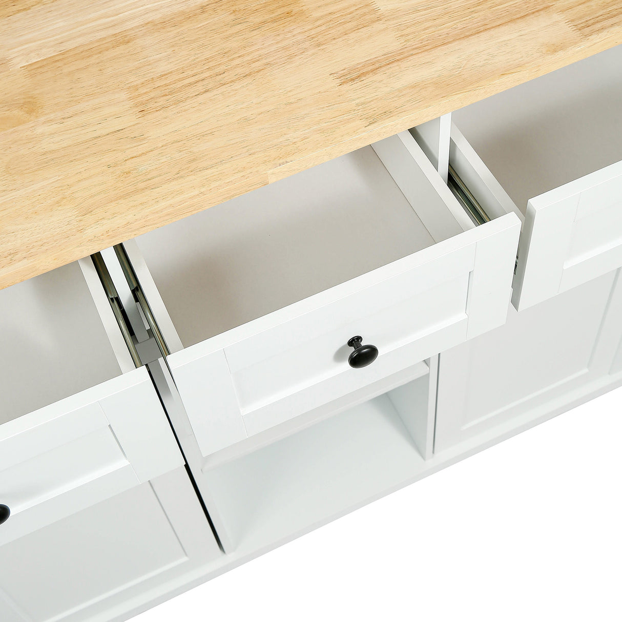 Kitchen trolley with rubber wood leaf countertop, 5-wheel kitchen island, storage cabinet and 3 dining drawers, white - V.I.P Digital Presence