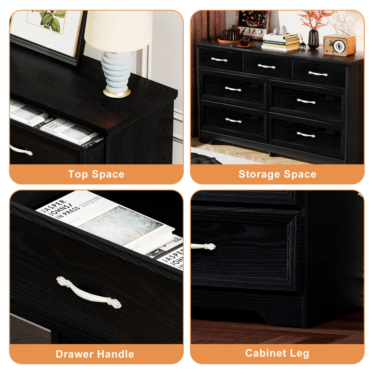 Modern 3 Drawer Bedroom Chest of Drawers with 7 Drawers Dresser, Clothes Organizer -Metal Pulls Black, 47.6″L x 15.7″W x 26.6″H - V.I.P Digital Presence