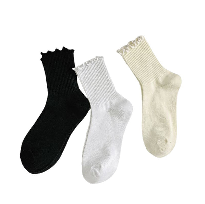1 pair of ruffled JK socks for women mid-tube spring, autumn and summer solid color Japanese lace pile socks - V.I.P Digital Presence